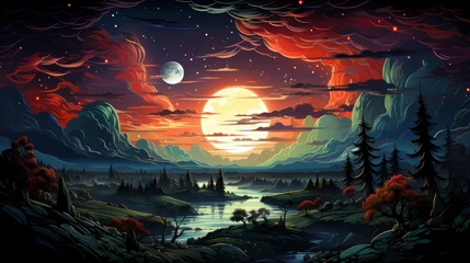 Tuinposter Real Dark Night Sky Plenty Stars, Background Banner HD, Illustrations , Cartoon style © Alex Cuong