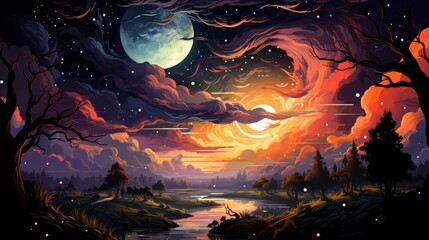 Obraz premium Real Sky Stars Crescent, Background Banner HD, Illustrations , Cartoon style