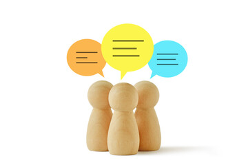 Group of wooden pawns with speech bubbles - Concept of network and communication