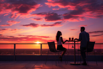 Fototapeta na wymiar Rooftop sunset, a romantic scene of a couple sharing daiquiris on a rooftop during a picturesque sunset, capturing the warmth and intimacy of the moment against a stunning evening sky.