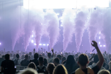 Crowd of people attending a performance. Bright pink light coming from the stage with smoke effects