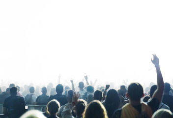 Crowd of people attending a concert. Cut out on white
