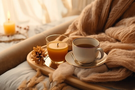 Still life details in home interior of living room. Sweaters and cup of tea with steam on a serving tray on a coffee table. Breakfast over sofa in morning sunlight. Cozy autumn or winter concept