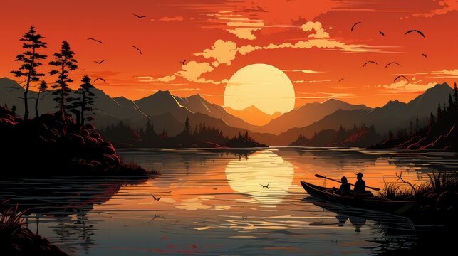 Silhouette Canoeists Paddling Lake Sunrise, Background Banner HD, Illustrations , Cartoon style