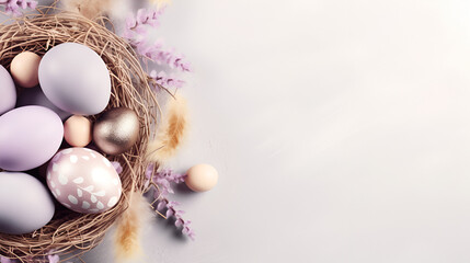 Easter poster and banner template with Easter eggs in the nest on light background.Greetings and presents for Easter Day in flat lay