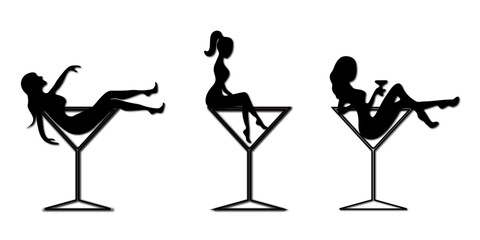 Martini glass icon and girl silhouette for bar or nightclub