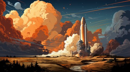 Space Shuttle Launch Open Over Earth, Background Banner HD, Illustrations , Cartoon style