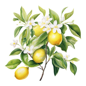 watercolor lemons branch with white flowers clip art preview