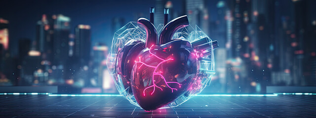 an image of a heart on an electronic background, 3d illustration of a human heart - obrazy, fototapety, plakaty