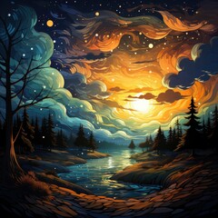 Obraz premium Starry Night Sky Clouds, Background Banner HD, Illustrations , Cartoon style