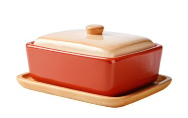 Attractive Red Color Clay Butter Dish On a White or Clear Surface PNG Transparent Background.