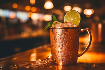 Moscow Mule copper mug close-up, capturing the effervescence of a perfectly mixed Moscow Mule, the condensation on the copper adding a touch of authenticity.
