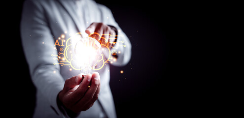 businessman using Ai technology in business by artificial intelligence,  smart robot AI, Futuristic technology transformation, using AI technology for developing running business on cloud computing