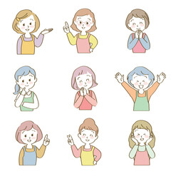 イラスト素材セット：笑顔でポーズをとるエプロン姿の女性アイコン（若い/バストアップ/手描き主線あり）
