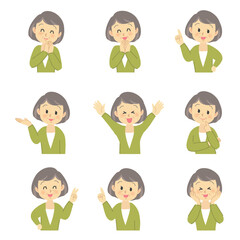 イラスト素材セット：正面や横向きで商品の感想や説明をするセット（シニア/バストアップ/主線なし）
