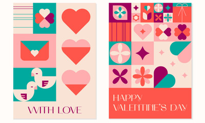 Fototapeta na wymiar Happy Valentines day geometric abstract greeting card, poster set and social media. Mosaic background with hearts, birds, plants and simple forms in a trendy style