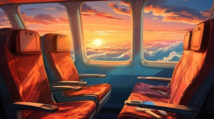 Sunrise Above Clouds Airplane Window, Background Banner HD, Illustrations , Cartoon style