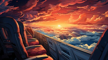 Sunrise Above Clouds Airplane Window, Background Banner HD, Illustrations , Cartoon style - obrazy, fototapety, plakaty