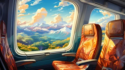 Fototapeten Sunrise Above Clouds Airplane Window, Background Banner HD, Illustrations , Cartoon style © Alex Cuong