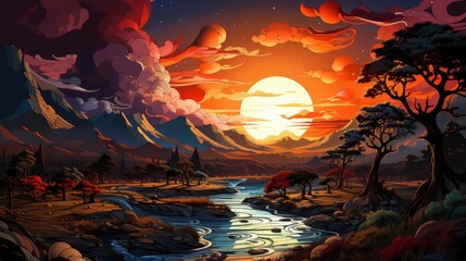 Fototapeta premium Sunset Sun Ray, Background Banner HD, Illustrations , Cartoon style