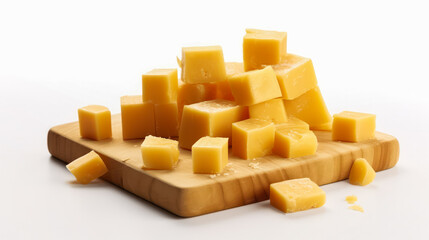 Savory elegance, Cheese sliced into cubes on a wooden board in a bright kitchen - obrazy, fototapety, plakaty