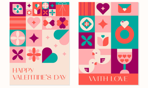Happy Valentines day geometric abstract greeting card, poster set and social media. Mosaic background with hearts, birds, plants and simple forms in a trendy style