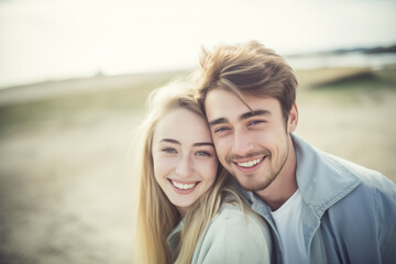 Obraz premium Young joyful Caucasian couple embracing and sharing a genuine smile on a sunny beach getaway - Concept of love, happiness, and carefree vacation moments