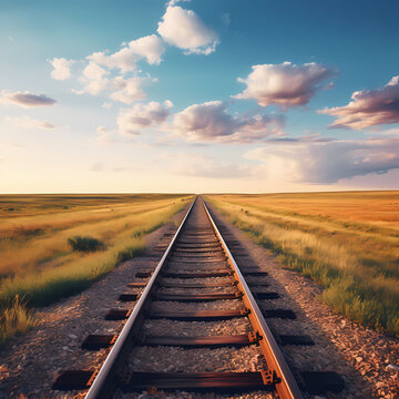 Train tracks stretching into the distance through an open prairie