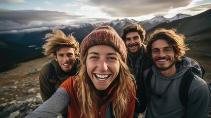selfie of group of diverse young people friends hiking in the mountains - obrazy, fototapety, plakaty