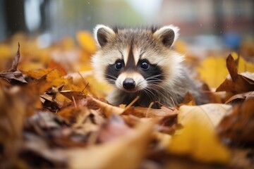 raccoon amidst fallen city leaves in autumn - obrazy, fototapety, plakaty