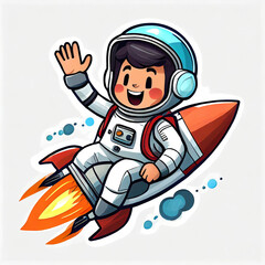 cute astronaut riding rocket and waving hand cartoon icon illustration