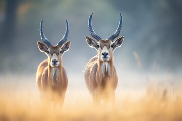 sable antelopes breath visible in the cold morning air - obrazy, fototapety, plakaty