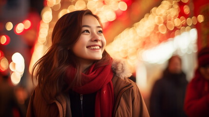 Chinese new year, portrait of a woman, holiday, decorations paper lanterns, blurred glowing lights in the background. China