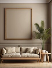 Mock up frame in home interior background, beige room with natural wooden furniture