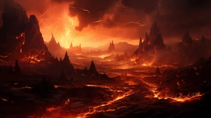Foto op Plexiglas End of the world, the apocalypse, Armageddon. Lava flows flow across the planet, hell on earth, fantasy landscape inferno magma volcano © Mars0hod