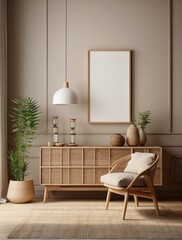 Fototapeta na wymiar Mock up frame in home interior background, beige room with natural wooden furniture