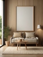 Mock up frame in home interior background, beige room with natural wooden furniture