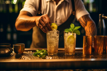 Moscow Mule mixology, a bartender expertly combining vodka, ginger beer, and lime in a stylish copper shaker, showcasing the artistry and craftsmanship of preparing this classic cocktail.