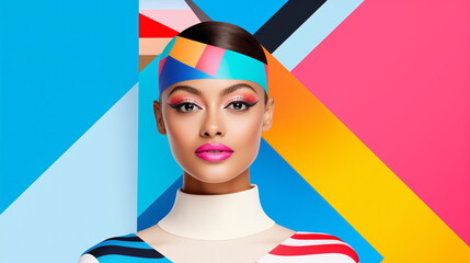 Beauty woman bright makeup, style of bold colorism, geometric shapes in bright fashion pop art...