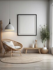 Mock up frame in home interior background, white room with natural wooden furniture