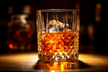 Old Fashioned elegance, close-up of a crystal tumbler filled with a meticulously crafted Old Fashioned cocktail, capturing the rich colors and textures of bourbon, sugar, and bitters. - obrazy, fototapety, plakaty