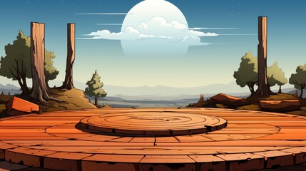 Surreal Wood Podium Outdoor On Blue, Background Banner HD, Illustrations , Cartoon style