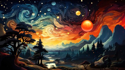 Obraz premium Swirl Stars Night Sky Over Grand, Background Banner HD, Illustrations , Cartoon style