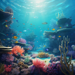 Underwater scene with schools of exotic fish and vibrant coral reefs.