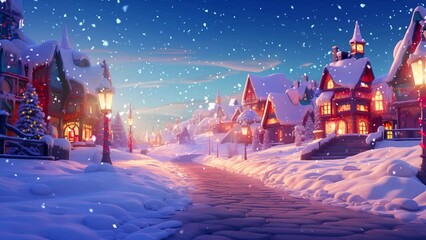 christmas decoration in the village in the snow with cartoon style. seamless looping time-lapse virtual video animation background. - Powered by Adobe