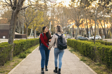 Back view of two student girls walking and talking in campus
