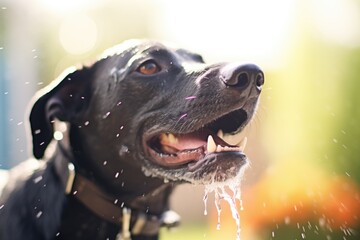 water drops glistening on a black labrador in sprinkler