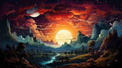 Gordijnen View Earth Moon Elements This Image, Background Banner HD, Illustrations , Cartoon style © Alex Cuong
