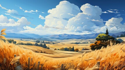 Village Wheat Field Abstract Color, Background Banner HD, Illustrations , Cartoon style