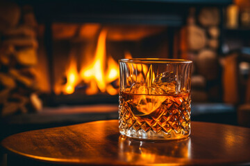 Old Fashioned fireside, a cozy setting with someone enjoying an Old Fashioned by the fireplace, the warm glow enhancing the nostalgic and comforting ambiance of this classic cocktail. - obrazy, fototapety, plakaty